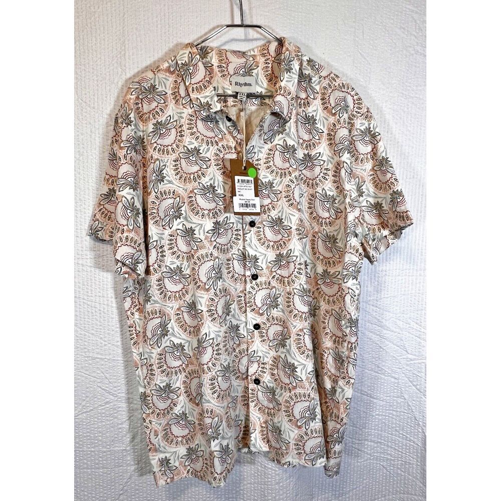 RHYTHM Men's MAS S/S Button Shirt‎ Natural Paisley NWT New XXL Linen Blend